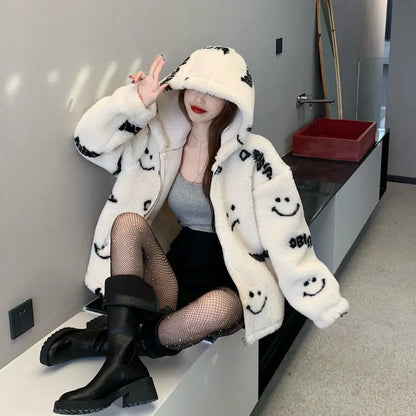 Jackets For Women 2022 Winter Cashmere Chic Printing Hooded Fashion Street Outerwear Sweet Casual College Women's jacket Coat