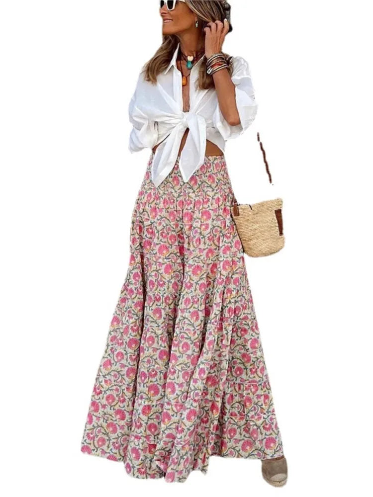 Printed Skirt Women 2023 Summer New Fashions Casual Beach Long Party Loose Ladies Vacation A Line Skirts Elegant Bohemian MsChuh