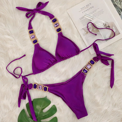 Sexy Rhinestone Bikini Set Women 2025 Luxury Pink Crystal Diamond Push Up Bandage Thong Swimsuit Beach Bathing Suit Swimwear
