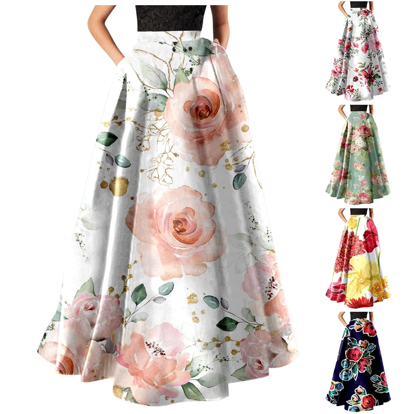 Korean Elegant Bohemian Skirts For Women 2024 Floral Print Maxi Skirt High Waist Pocket Party Beach Long Skirt Ropa De Mujer