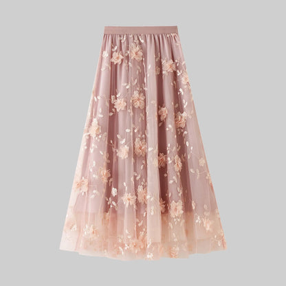 Korean Style Women's Floral Embroidered Mesh Skirt Harajuku High Waist A Line Midi Skirts Elegant Tulle Skirt Faldas Mujer