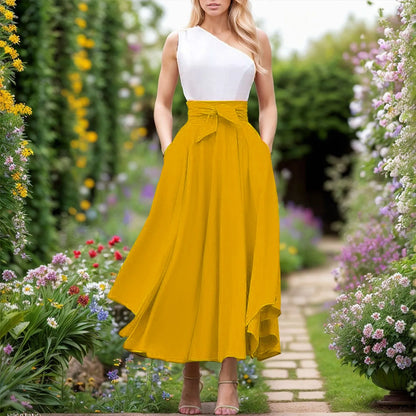 Elegant High Waist Skirt For Women Casual Bohemian Maxi Skirt With Pockets A Line Irregular Hem Long Maxi Skirts Outfits Summer