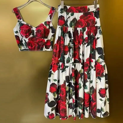 Elegant flower print sexy short tube top suspender top high waist big swing A-shaped skirt summer new two-piece women's suit