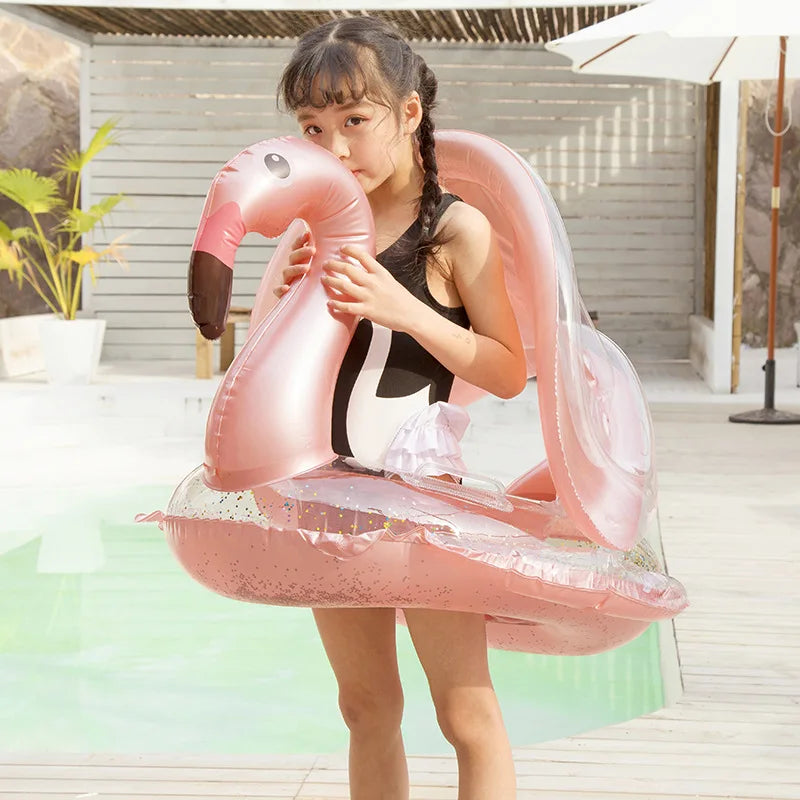 Rooxin Flamingo Swimming Circle Baby Infant Float Pool Swimming Ring With Sunshade Floating Seat Summer Beach Pool Party Toys
