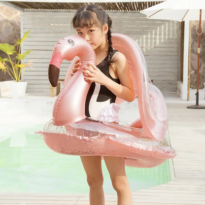 Rooxin Flamingo Swimming Circle Baby Infant Float Pool Swimming Ring With Sunshade Floating Seat Summer Beach Pool Party Toys