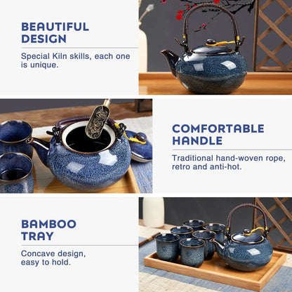 Japanese Tea Set for 6, Kiln Altered Glaze Porcelain Tea Set with 1 Teapot, 6 Tea Cups & 1 Tea Tray, Unique Chinese Tea Set
