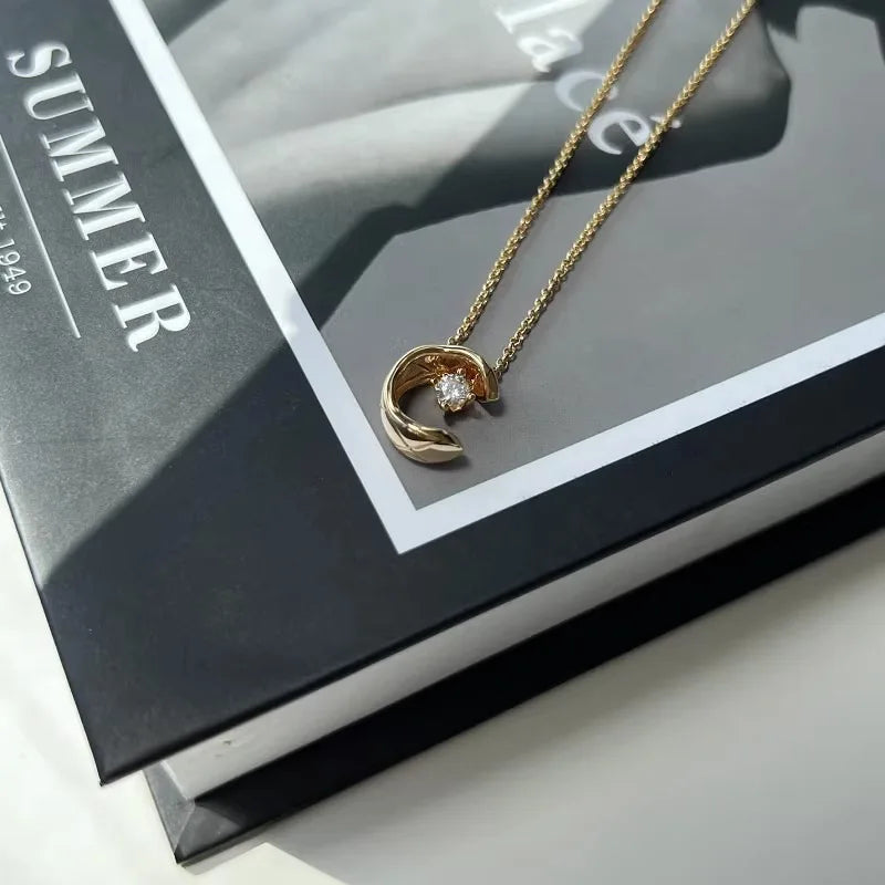 Minimalist Zircon Crystal Moon Pendant Necklace for Women Gold Color Clavicle Chain Charm Delicate Jewelry