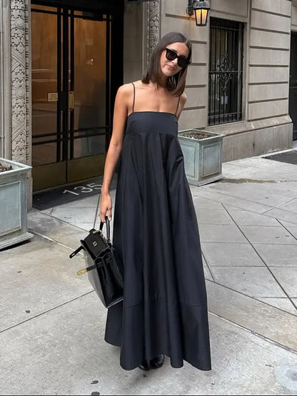 Solid Backless Spaghetti Strap Dress Women's Fashion Loose High Waist A-line Vestidos Summer Lady Holiday Street Robes 2025 New