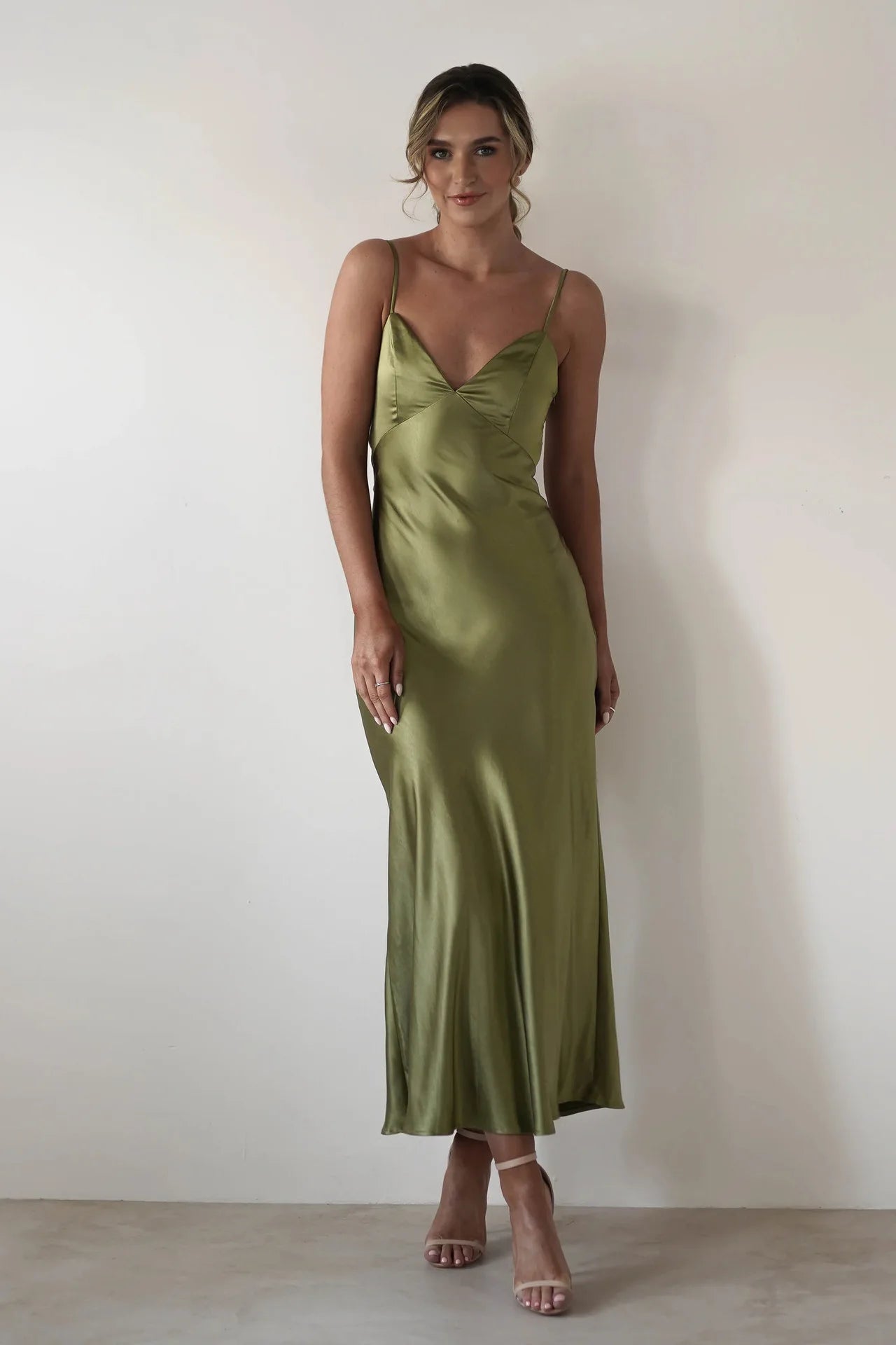 EtherealBe Sexy Satin Halter Dress in Olive Green