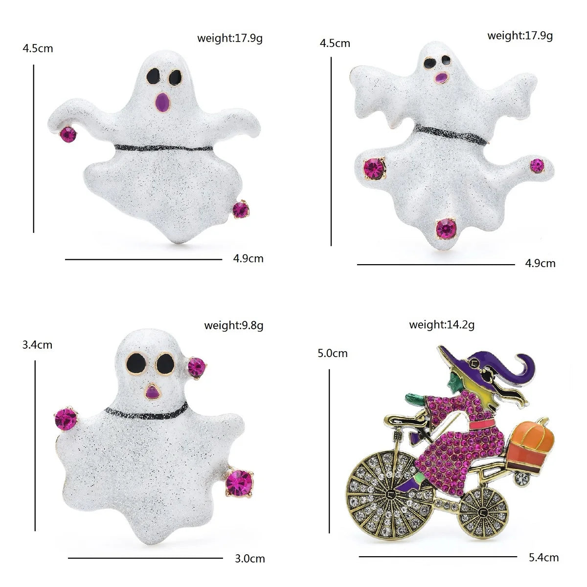 Set of Halloween brooch pins featuring glittery ghost designs and a witch on a bicycle