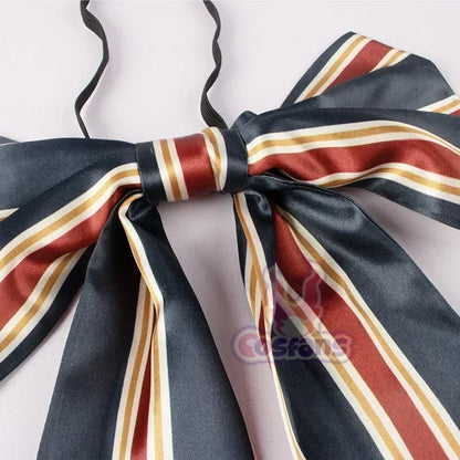 Striped bow tie accessory in navy, red, and gold for M3GAN cosplay costume for kids