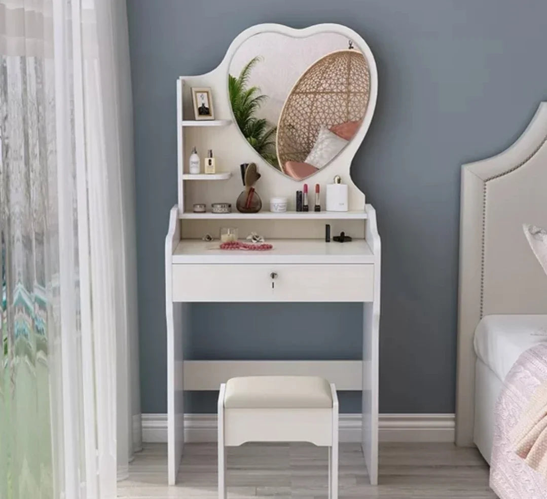 Wooden Table with Mirror, Home Makeup Table, 4 Drawers, Vanity Set with Folding Mirror