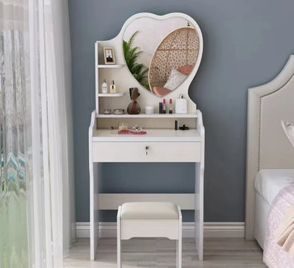 Wooden Table with Mirror, Home Makeup Table, 4 Drawers, Vanity Set with Folding Mirror