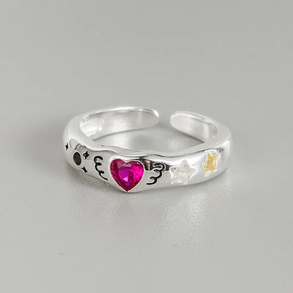 BF CLUB Silver Color Rings for Women Fashion Geometric Handmade Irregular Red Heart Ring Party Christmas Gift