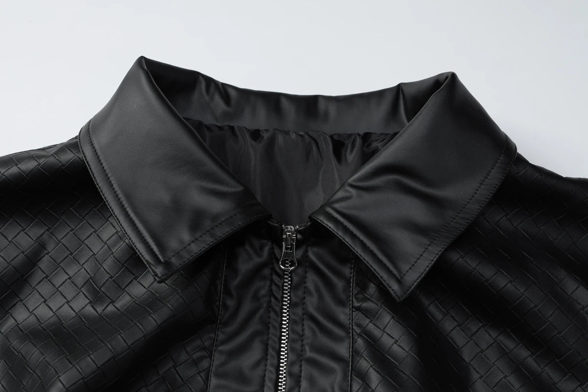 Dulzura 2025 Autumn Fashion Casual Turn-Down Collar Long Sleeve Zipper Slim Woven Leather Jacket Party Club Street Style Clothes