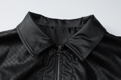 Dulzura 2025 Autumn Fashion Casual Turn-Down Collar Long Sleeve Zipper Slim Woven Leather Jacket Party Club Street Style Clothes