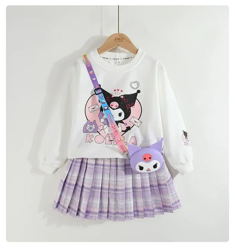 Kids Clothes Set Spring Autumn Children Kuromi Long Sleeved Sweater Tops+Checkered Pleated Skirt 2pce Teen Girls Preppy Clothing