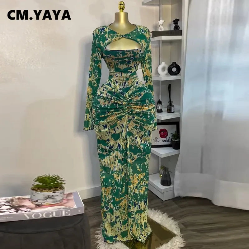 CM.YAYA Women Draped V-neck Cutout Front Ruched Stacked Bodycon Midi Long Maxi Dress 2025 Night Club Party Vestidos Sexy Dresses