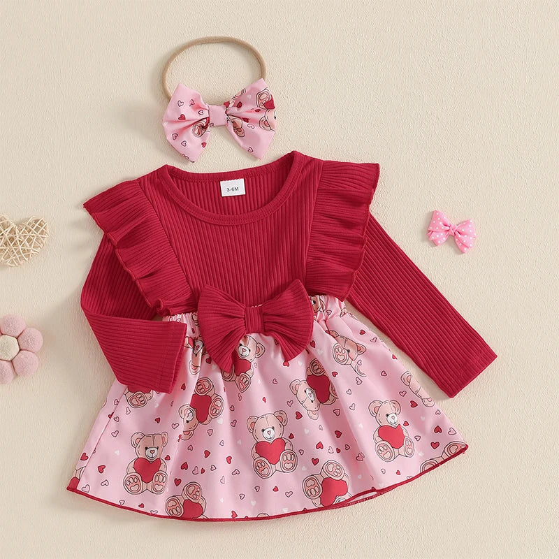 Infant Girls Rompers Dress Valentine s Day Outfit Bear Heart Print Skirt Hem Long Sleeve Spring Jumpsuits with Matching
