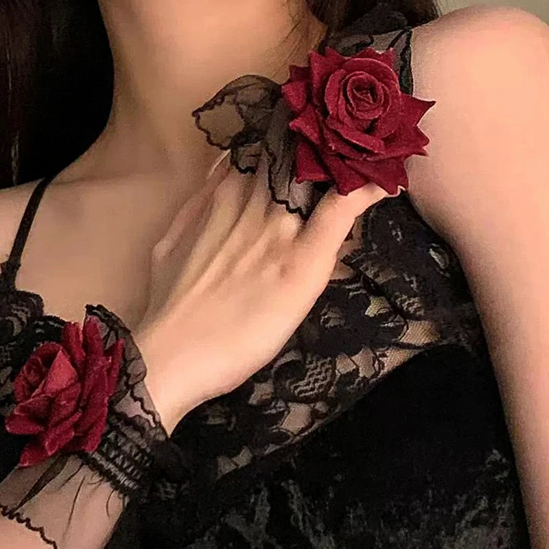 Lolita Short Hand Sleeve Gloves Lace Rose Flower Wrist Cuffs Ruffled Floral Elastic Bracelet Women Cosplay Clothing Wristband