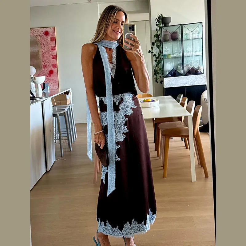 Contrast Patchwork Lace Maxi Skirt Suit Women Satin V-neck Sleeveless Skirts Suits 2025 Lady Summer Casual Daily 2 Pieces Set