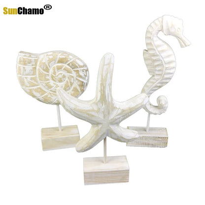 Mediterranean Style Home Decoration Accessories Wooden Crafts Starfish Conch Hippocampus Wood Carving Marine Living Room Decor
