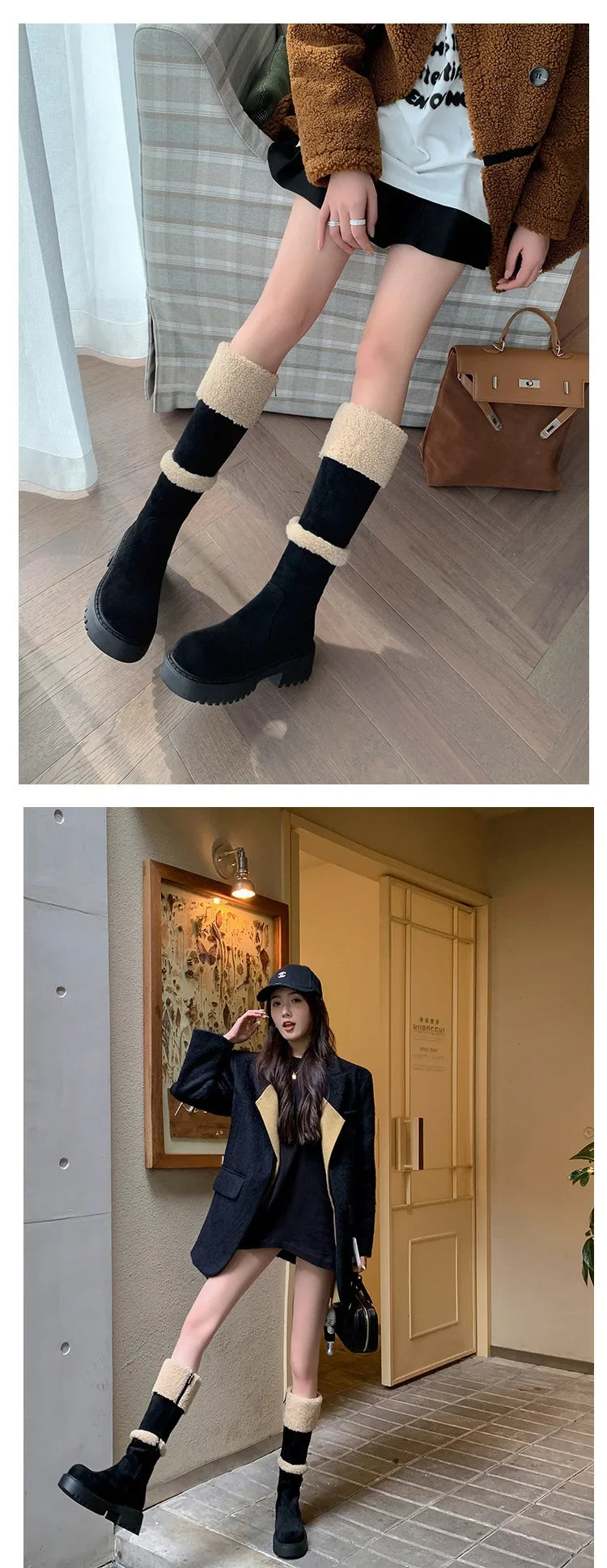 Thickened Lamb Wool Long Tube Snow Boots for Women New 2025 Autumn Winter Anti-slip Fleece-lined Cotton Shoes Knee High Boots