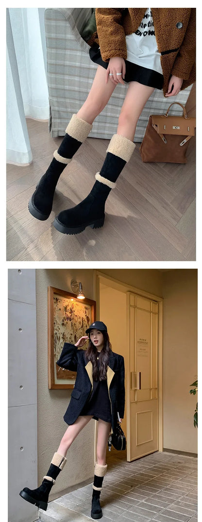 Thickened Lamb Wool Long Tube Snow Boots for Women New 2025 Autumn Winter Anti-slip Fleece-lined Cotton Shoes Knee High Boots