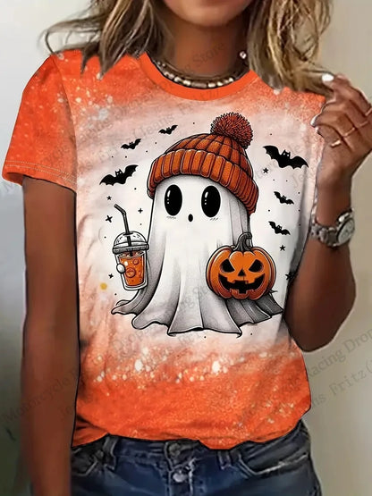EtherealBe Halloween 3D print t-shirt women with a cute ghost design, a pumpkin, and a drink