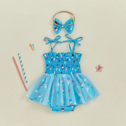 Infant Girls Patriotic Romper Dress with Sleeveless Design Embroidered Letters and Matching Headband for Independence Day