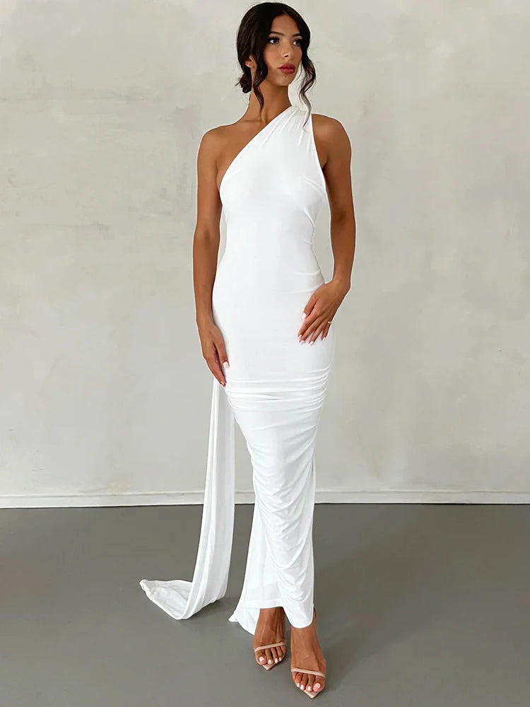 Hugcitar One Shoulder Backless Adjustable Scarf Loop Ruched Sexy Maxi Dress 2025 Women Elegant Y2K Streetwear Festival Outfit