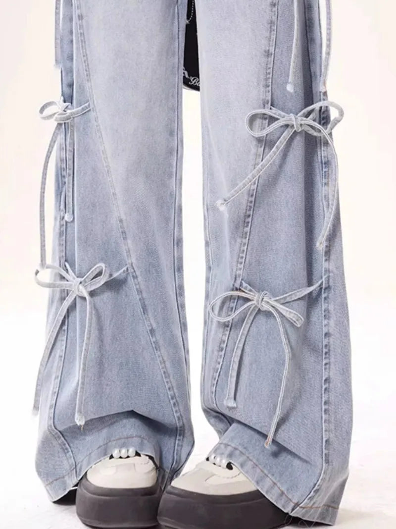 Jeans Women Vintage Bow Design Baggy Wide Leg Trousers Autumn High Waist Students Young All-match Daily Harajuku Slouchy Chic