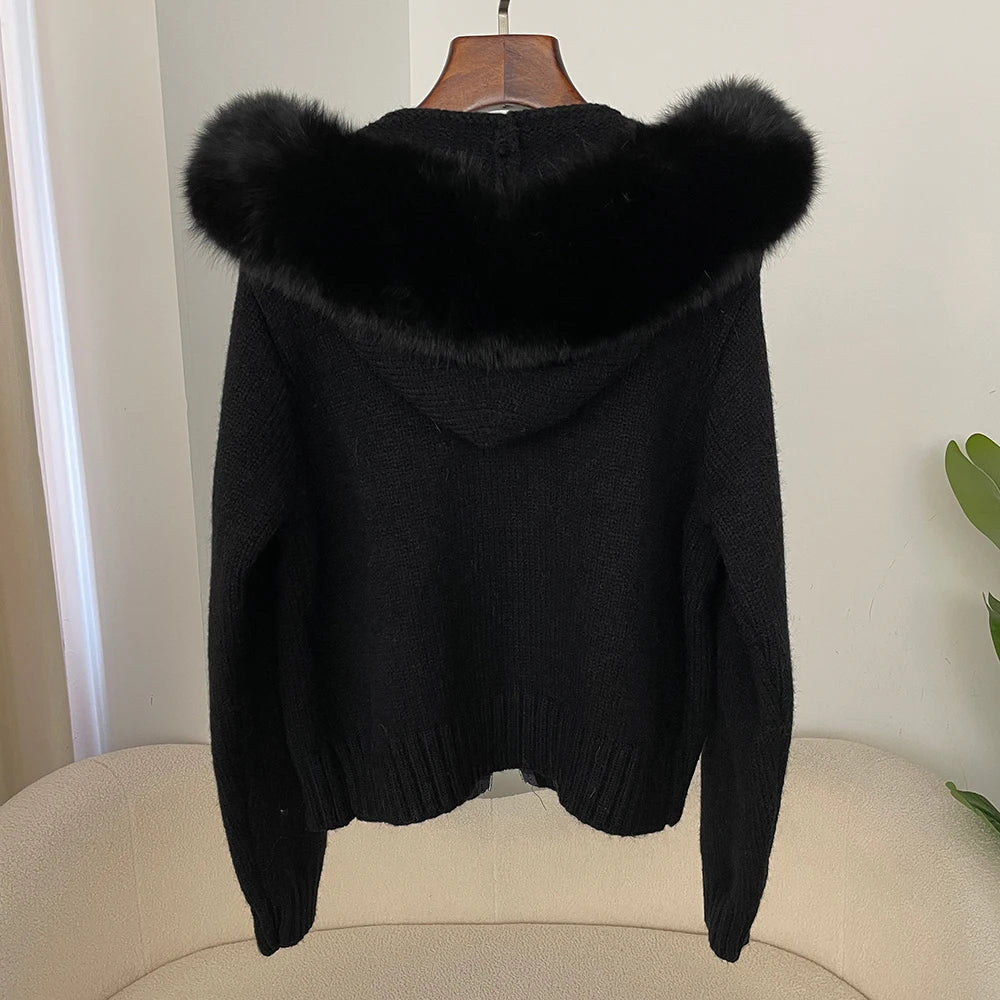 OFTBUY Real Fox Fur Kintwear Women 2025 New Spring Autumn Hooded Sweater Female Loose Zipper Kintted Jacket Oversized Cardigan