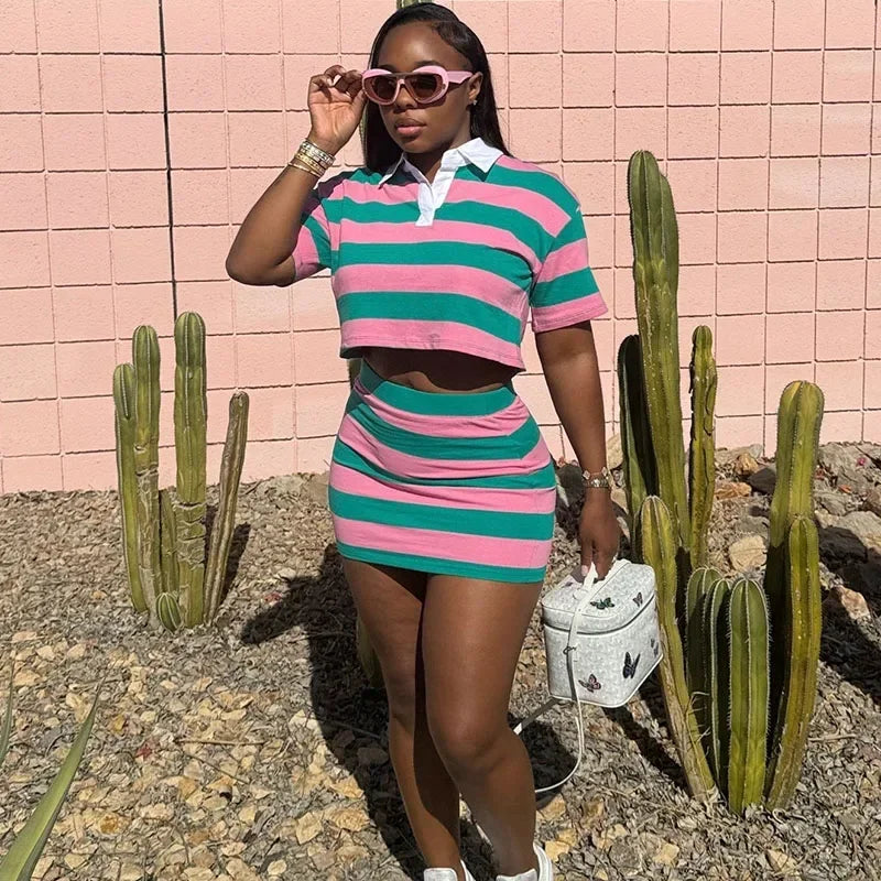 Sporty Fitness Striped Print 2 Pieces Set for Woman Streetwear Casual Turn-down Collar Shirt Crop Top and Mini Skirt Sets Summer