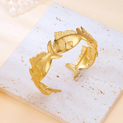 Exaggerated Metal Shell Starfish Flower Bangles Bracelets For Women Men Stainless Steel Fish Bow Heart Open Cuff Bangle Jewelry