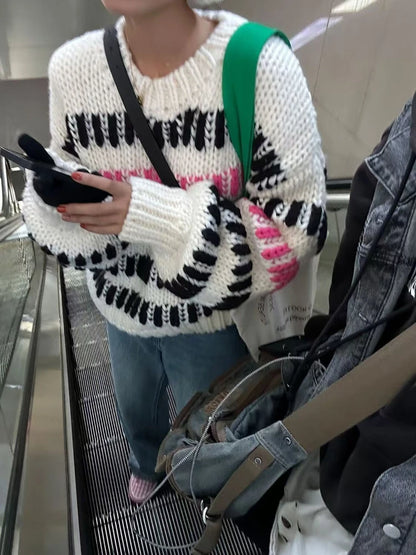 Women Multi Color Striped Thick Casual Round-neck Sweater Chunky Jumper Bold Black & Pink Stripes Winter Niche Design Knit Top