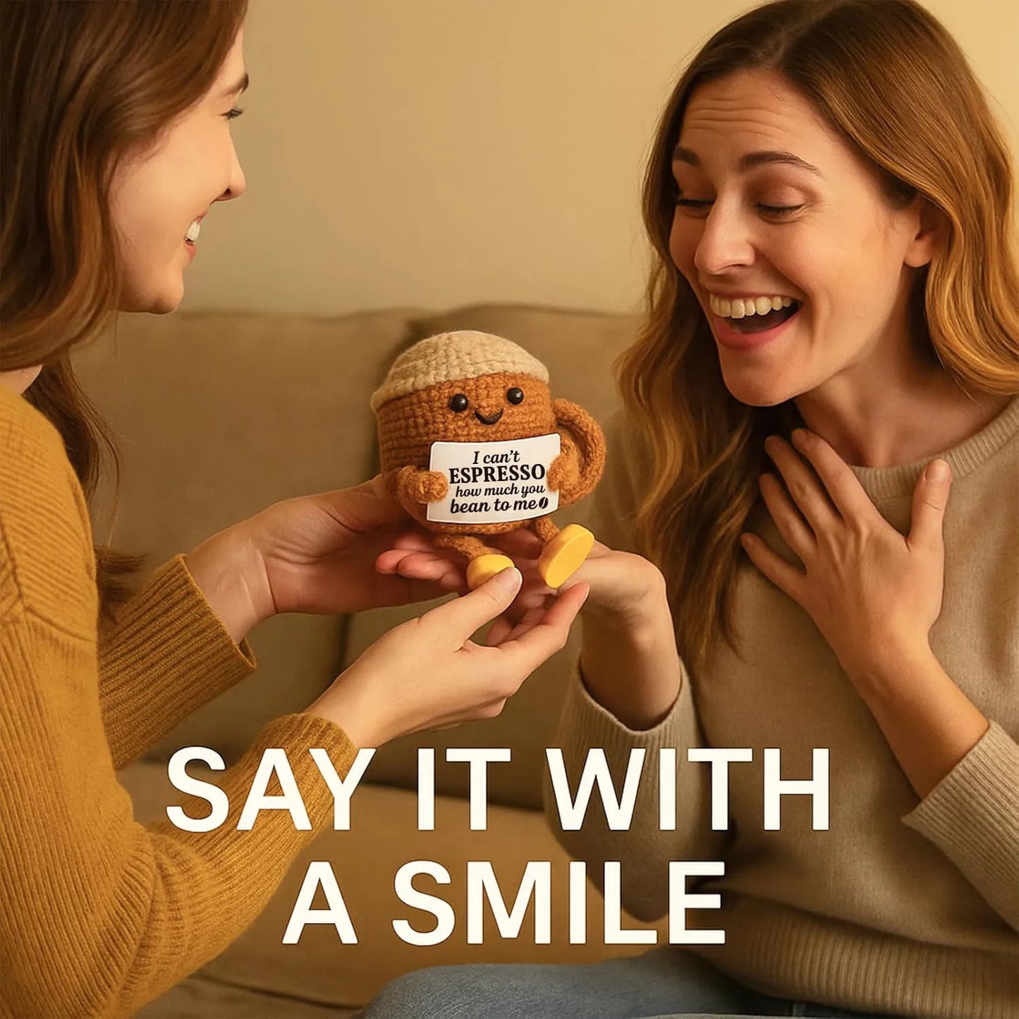 Funny Handwoven Positive Energy Coffee Cup Support Emotional Home Room Decoration Plush Knitting Doll Birthday Christmas Gift