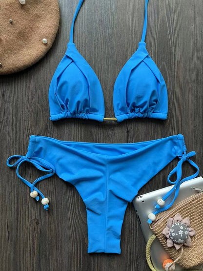 2025 New Sexy Triangle Bathing Suit for Women Brazilian Bikinis Halter Swimwear Push Up Swimsuit Metal Chain Beach Bikini Set