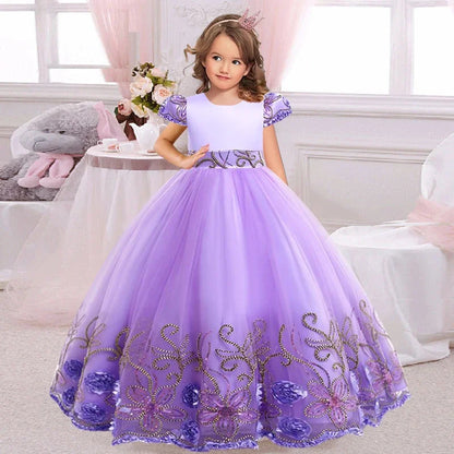 Girls sequin children's gown with embroidered bow and lacing