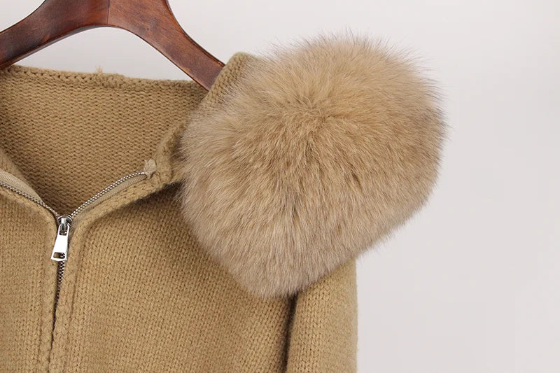 OFTBUY Real Fox Fur Kintwear Women 2025 New Spring Autumn Hooded Sweater Female Loose Zipper Kintted Jacket Oversized Cardigan