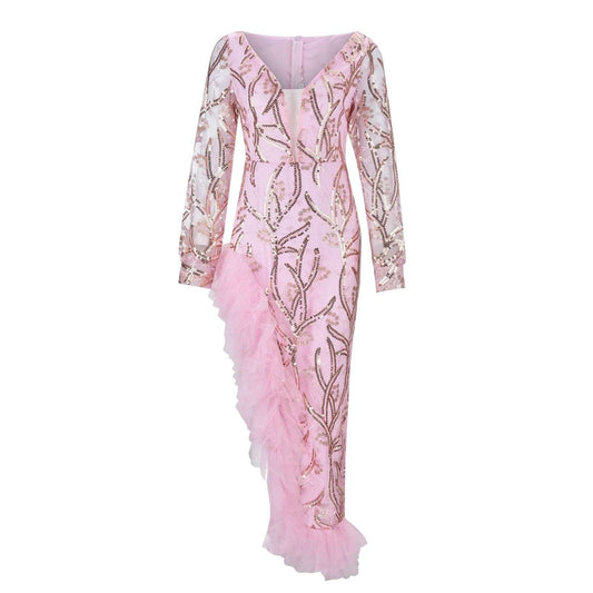 Women's Deep V-Neck Prom Dress Female Evening Gowns Long Sleeve Sequined Glitter Ruffles Split Maxi Dress Puffy Party Dress