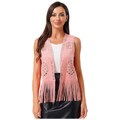 Womens Western Cowgirl Hippy Cosplay Costume Vintage Hollow Out Tassel Tank Tops Fringe Vest 70s Disco Faux Suede Waistcoat