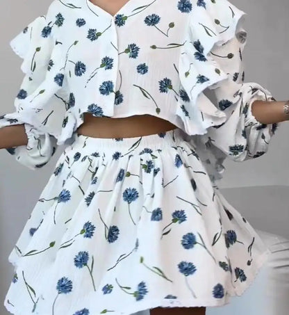 Spring And Summer New Fashion Ruffle Edge Long Sleeved Printed Shirt + Elastic Waist Short Skirt Set For Women,4 Colors