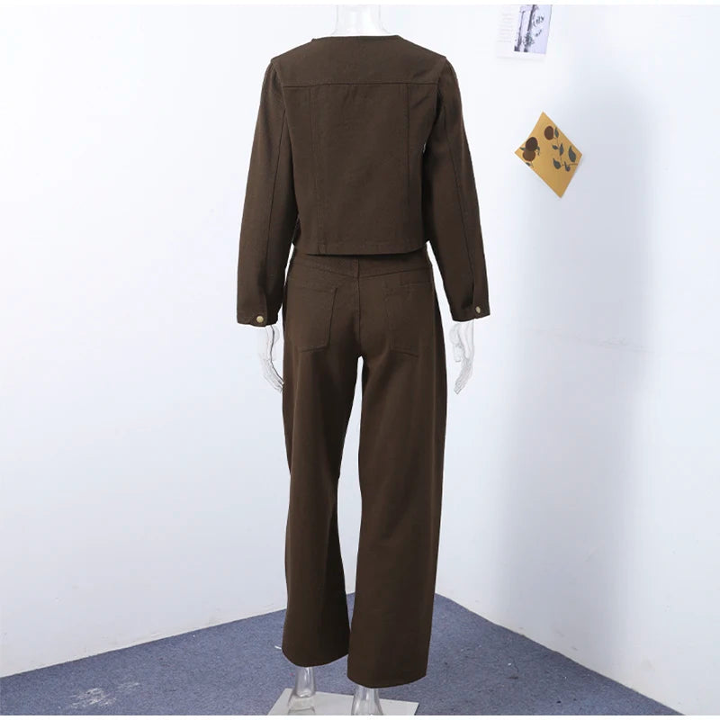 Vintage Solid Denim Jacket Pants Sets Women O-neck Single Breasted Long Sleeve Coat Wide Leg Trousers 2025 Jeans Outfits Street