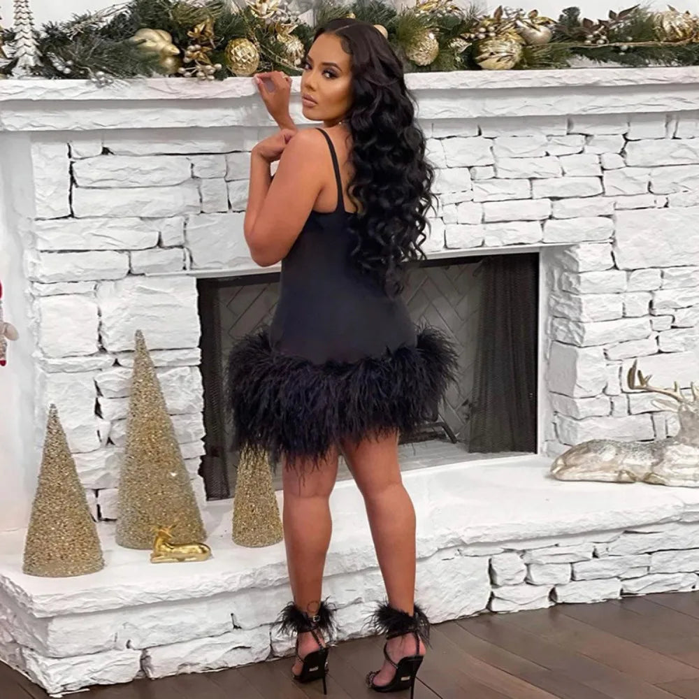 HLJ Black Sexy Mesh Perspective Patchwork Party Nightclub Dresses Women Thin Fur Mini Suspended Dress Female Halloween Clothing