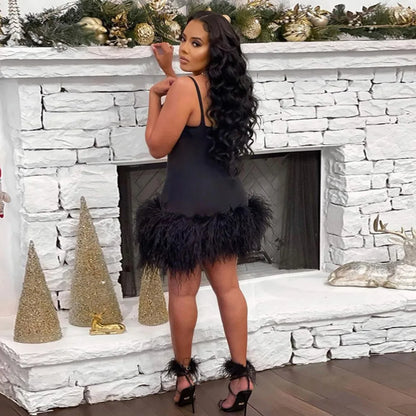 HLJ Black Sexy Mesh Perspective Patchwork Party Nightclub Dresses Women Thin Fur Mini Suspended Dress Female Halloween Clothing