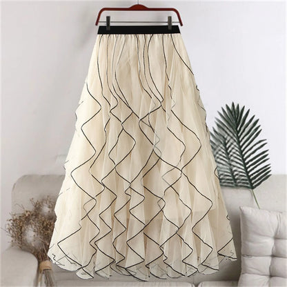 Autumn New Wave Pattern Fairy Mesh Ruffle Skirt High Waist A-Line Large Swing Long Skirt Women'S Half Body Skirt Ropa Para Mujer