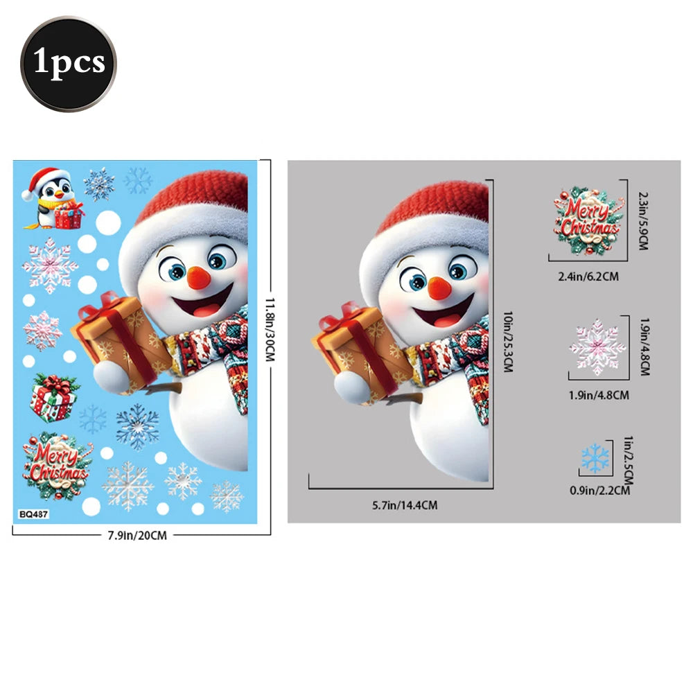 Christmas Window Static Clings Snowman Santa Claus Snowflake Reindeer Cute Xmas Decoration Decal Sticker Home Ornaments Supplies