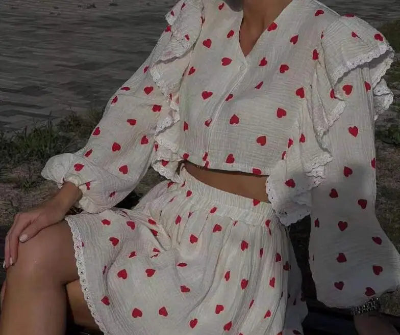 Spring And Summer New Fashion Ruffle Edge Long Sleeved Printed Shirt + Elastic Waist Short Skirt Set For Women,4 Colors