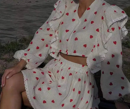 Spring And Summer New Fashion Ruffle Edge Long Sleeved Printed Shirt + Elastic Waist Short Skirt Set For Women,4 Colors